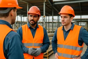 High-risk construction workers discussing insurance coverage and job-related risks at a worksite