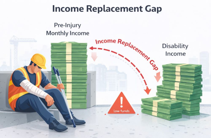 Income replacement gap showing difference between pre-injury income and disability benefits for a high-risk worker