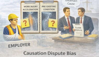 Causation dispute bias in insurance claims showing work injury versus pre-existing condition being challenged by insurers.