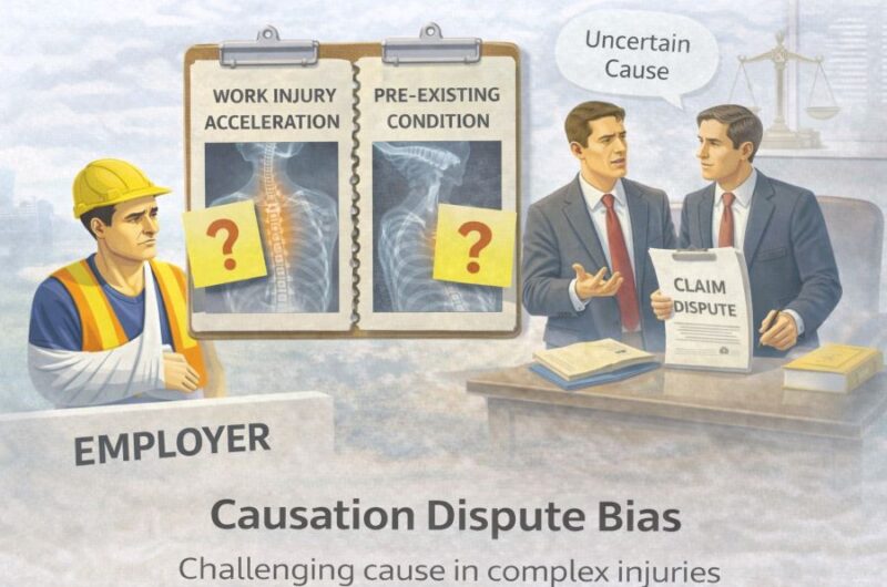 Causation dispute bias in insurance claims showing work injury versus pre-existing condition being challenged by insurers.