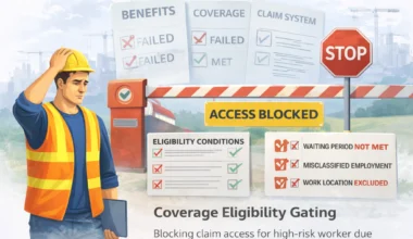 Coverage eligibility gating blocking claim access for a high-risk worker due to unmet insurance conditions
