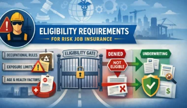 Eligibility gate showing how risk job insurance screens occupational rules, exposure limits, and health factors before underwriting