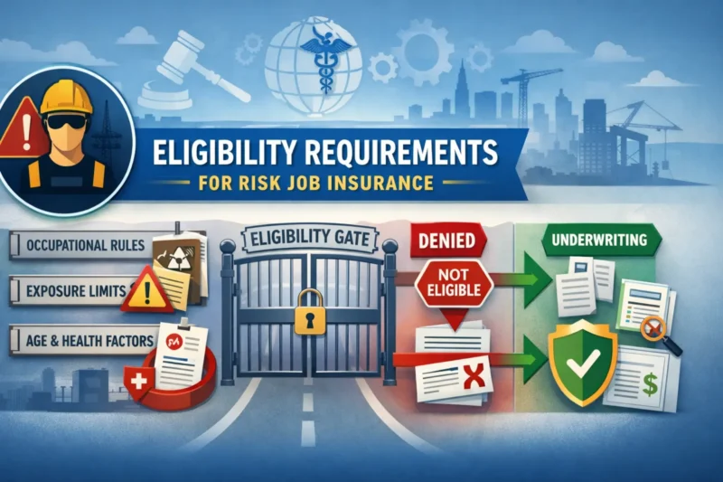 Eligibility gate showing how risk job insurance screens occupational rules, exposure limits, and health factors before underwriting
