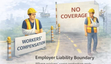 Employer liability boundary showing where workers’ compensation protection ends for an injured high-risk worker