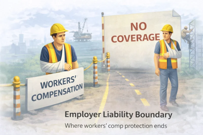 Employer liability boundary showing where workers’ compensation protection ends for an injured high-risk worker