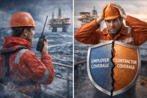 Offshore worker communicating by radio during severe weather near an offshore oil platform