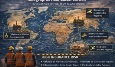 World map highlighting offshore, remote, international, and politically unstable regions, illustrating how insurers classify geographic risk based on work location.