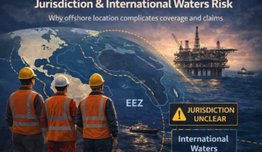 Offshore workers facing an oil platform beyond national waters, with mapped maritime boundaries illustrating jurisdictional and international waters risk for insurance coverage and claims.
