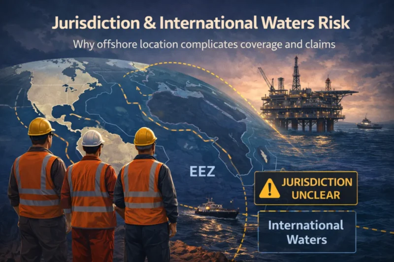 Offshore workers facing an oil platform beyond national waters, with mapped maritime boundaries illustrating jurisdictional and international waters risk for insurance coverage and claims.
