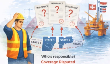 Jurisdictional coverage conflict showing a high-risk worker operating across multiple jurisdictions with disputed insurance responsibility