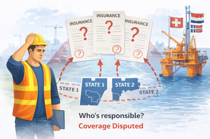 Jurisdictional coverage conflict showing a high-risk worker operating across multiple jurisdictions with disputed insurance responsibility