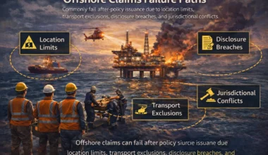 Offshore workers and emergency response activity on a marine platform, illustrating where offshore insurance claims commonly fail after policy issuance due to location, transport, and jurisdictional issues.