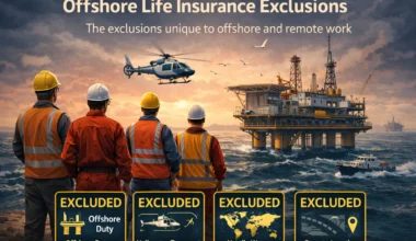 Offshore workers on a platform with helicopter and supply vessel, illustrating life insurance exclusions related to offshore duty, transport, and remote location risk.
