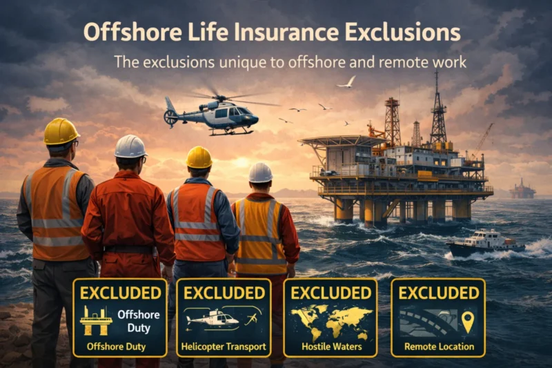 Offshore workers on a platform with helicopter and supply vessel, illustrating life insurance exclusions related to offshore duty, transport, and remote location risk.