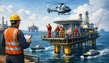 Offshore workers on an oil platform with helicopter and vessels, illustrating how insurers classify offshore occupations differently from onshore jobs due to isolation, transport, and environmental risk.