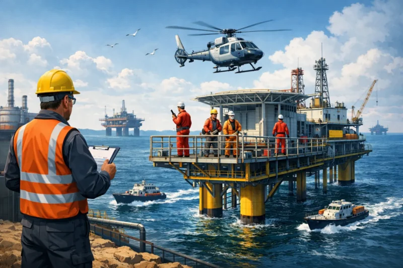 Offshore workers on an oil platform with helicopter and vessels, illustrating how insurers classify offshore occupations differently from onshore jobs due to isolation, transport, and environmental risk.