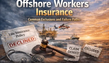 Offshore workers insurance exclusions showing declined policy, offshore oil platform, helicopter transport, and denied insurance claims
