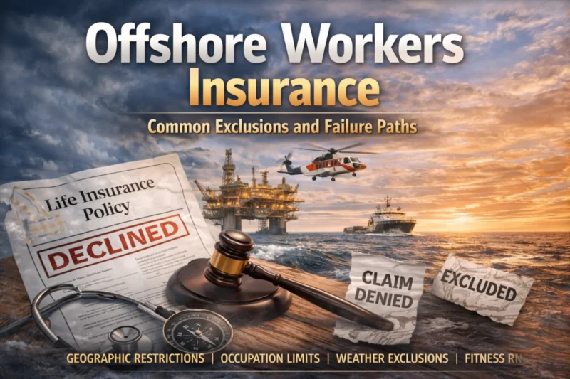 Offshore workers insurance exclusions showing declined policy, offshore oil platform, helicopter transport, and denied insurance claims