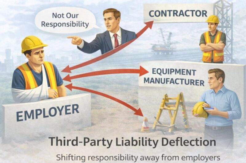 Third-party liability deflection shifting injury responsibility away from an employer to contractors and equipment manufacturers