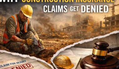Construction workers on an active job site contrasted with insurance documents, illustrating why construction insurance breaks down in real-life conditions