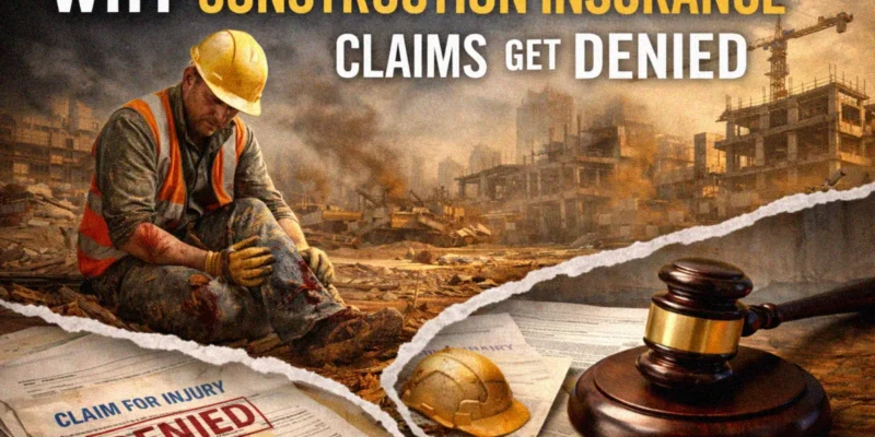 Construction workers on an active job site contrasted with insurance documents, illustrating why construction insurance breaks down in real-life conditions
