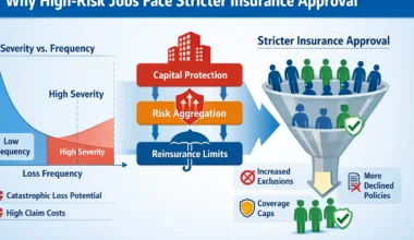 Diagram explaining why high-risk jobs face stricter insurance approval through capital limits and risk aggregation