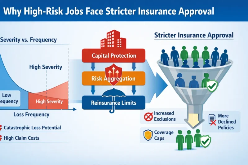 Diagram explaining why high-risk jobs face stricter insurance approval through capital limits and risk aggregation