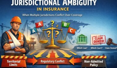 Illustration showing jurisdictional ambiguity in insurance where territorial limits and legal conflicts lead to claim denial