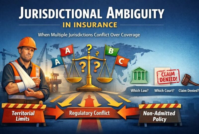 Illustration showing jurisdictional ambiguity in insurance where territorial limits and legal conflicts lead to claim denial