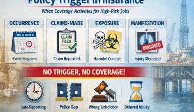 Policy trigger insurance diagram showing occurrence, claims-made, exposure, and manifestation triggers for high-risk jobs