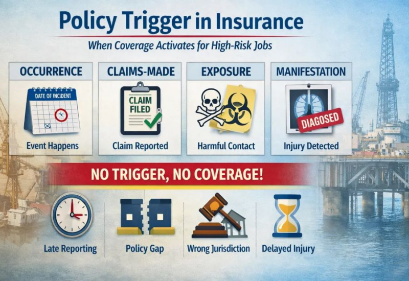 Policy trigger insurance diagram showing occurrence, claims-made, exposure, and manifestation triggers for high-risk jobs
