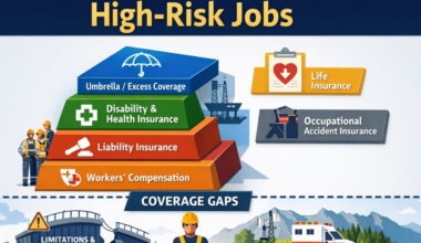 Types of insurance needed for high-risk jobs showing layered workers’ compensation, liability, disability, life, and umbrella coverage