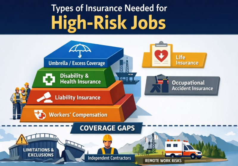 Types of insurance needed for high-risk jobs showing layered workers’ compensation, liability, disability, life, and umbrella coverage