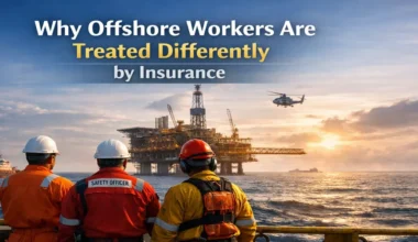 Offshore workers on an offshore platform illustrating why insurance treats offshore work differently