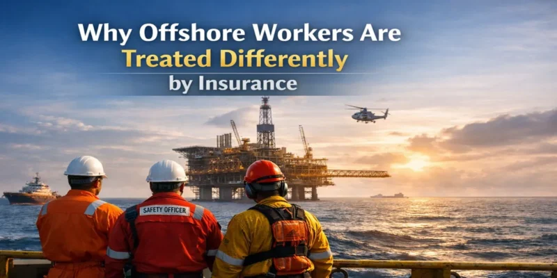 Offshore workers on an offshore platform illustrating why insurance treats offshore work differently