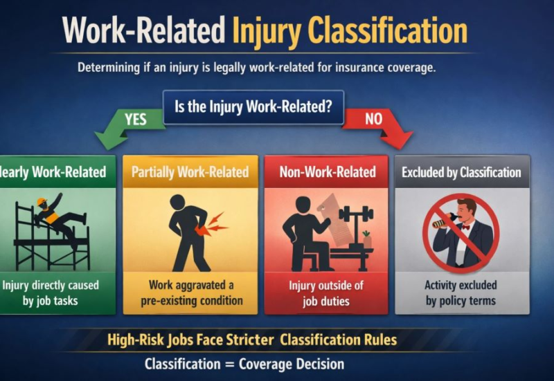 Work-related injury classification diagram showing how insurers determine whether an injury qualifies for insurance coverage