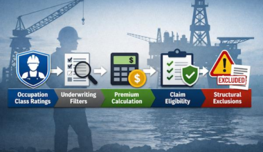 Occupation class ratings flow diagram showing underwriting filters, premium calculation, claim eligibility, and structural exclusions for high-risk jobs.
