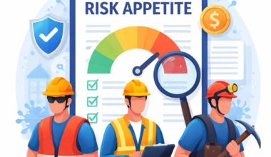 Insurer risk appetite illustration showing high-risk workers and an underwriting risk gauge evaluating hazardous occupations.