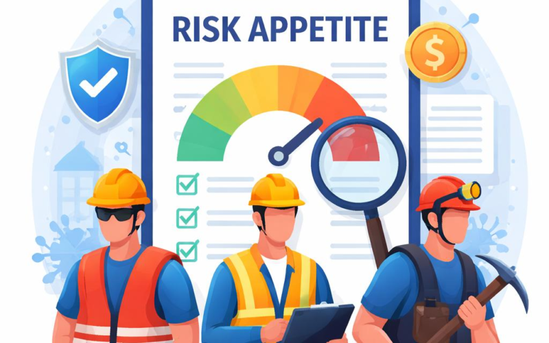 Insurer risk appetite illustration showing high-risk workers and an underwriting risk gauge evaluating hazardous occupations.