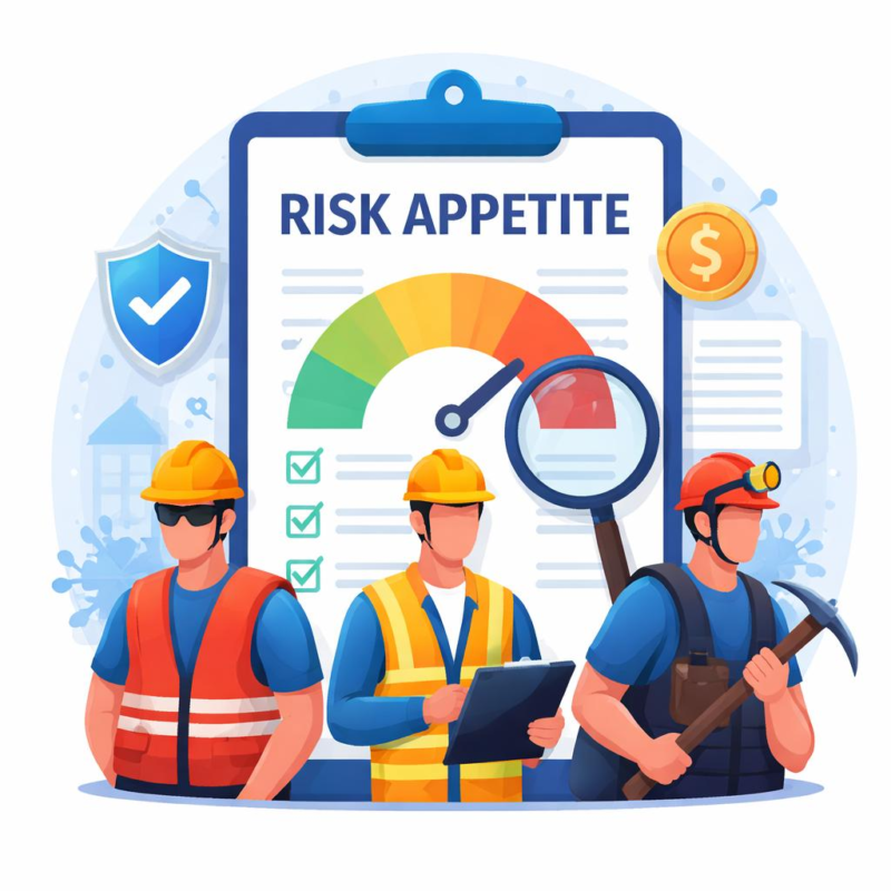 Insurer risk appetite illustration showing high-risk workers and an underwriting risk gauge evaluating hazardous occupations.