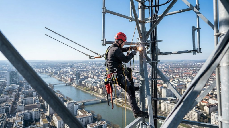 Construction worker wearing fall-arrest harness at height illustrating catastrophic fall risk in occupational insurance underwriting