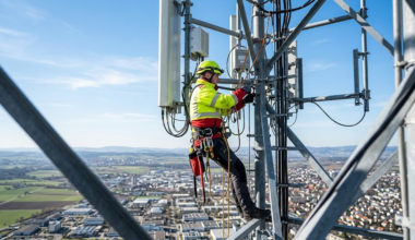 A professional tower climber performing antenna maintenance at extreme height, demonstrating the safety and elevation risks evaluated in height exposure underwriting.
