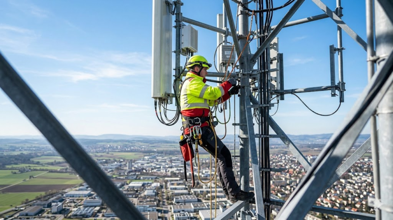 A professional tower climber performing antenna maintenance at extreme height, demonstrating the safety and elevation risks evaluated in height exposure underwriting.