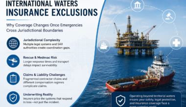 Offshore drilling platform and support vessel in international waters illustrating rescue coordination, jurisdictional fragmentation, medevac complexity, and offshore insurance exclusion risks.