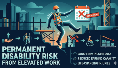 A conceptual infographic illustrating the transition from elevated construction work to permanent disability, showing a worker falling and a subsequent timeline featuring a wheelchair icon, a declining income graph, and the text "Permanent Disability Risk from Elevated Work."