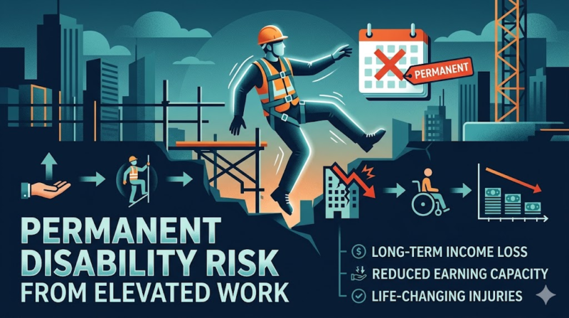 A conceptual infographic illustrating the transition from elevated construction work to permanent disability, showing a worker falling and a subsequent timeline featuring a wheelchair icon, a declining income graph, and the text "Permanent Disability Risk from Elevated Work."