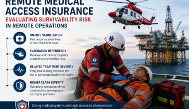 Offshore medic stabilizing an injured worker during a helicopter evacuation while insurers evaluate remote medical access insurance and survivability risk in offshore operations.