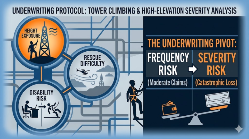 Tower climbing insurance severity modeling involving height exposure, rescue difficulty, and catastrophic fall risk