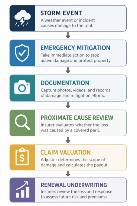 Commercial roofing insurance claims lifecycle showing the progression from storm event and emergency mitigation to documentation, proximate cause review, claim valuation, and renewal underwriting.
