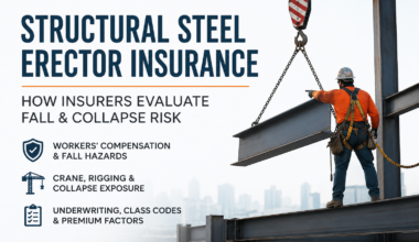 Structural steel erector connecting structural steel at height while insurers evaluate fall hazards, collapse risk, workers' compensation, and liability exposure.